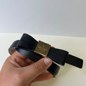 Kate Spade New York Black Pebbled Leather Skinny Bow Belt Gold Buckle Medium